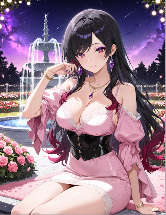 Haruko with long black hair and crimson tips, elegant and reserved