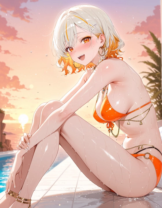 Yuzuki with short blonde hair and orange streaks, calm and athletic